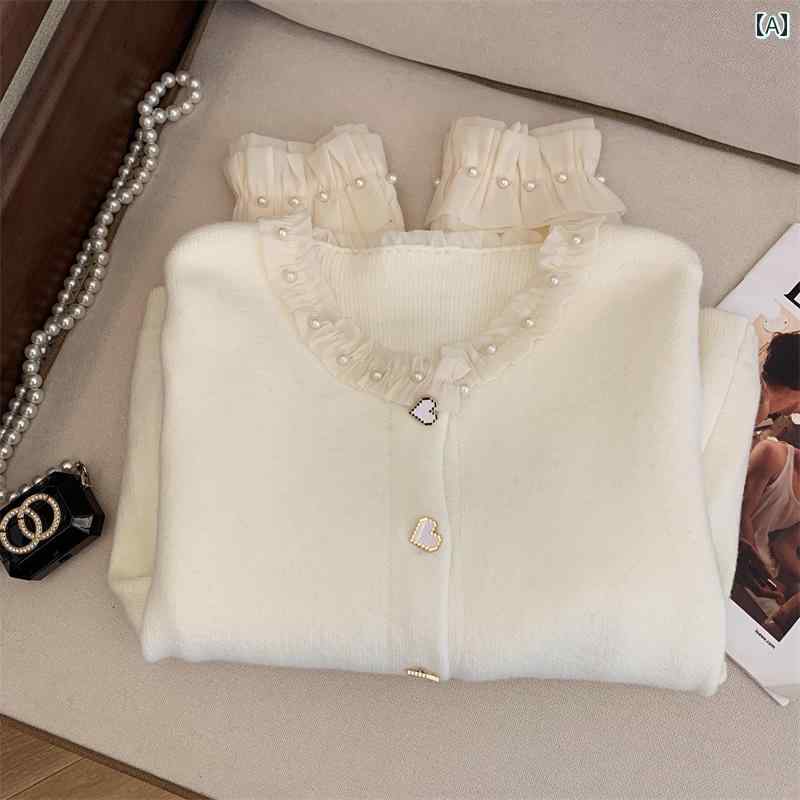 ニット レディース カーディガン おしゃれ カジュアル セーター フリル パール レース ショート トップス 秋冬 白 黒 赤