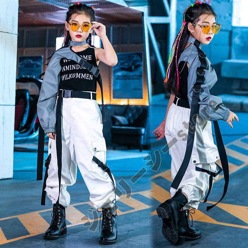 ワンショルダー キッズ ダンス衣装 セットアップ ベルト付き アームウォーマー 片腕 カーゴパンツ