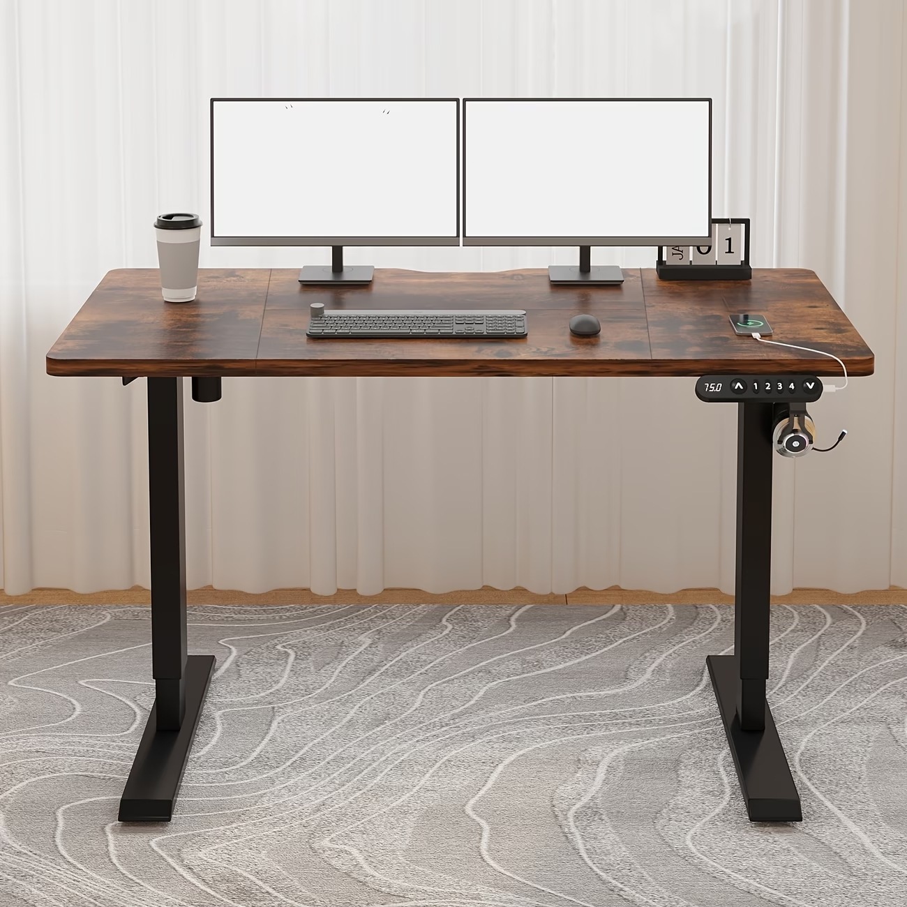 【電動高さ調節式】コンピューターデスク 幅120cm x 奥行き60cm 高さ調節テーブル スタンドデスク メモリー機能付き 高さ69-115cm