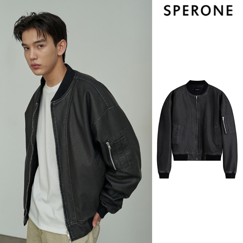 [SPERONE] Overfit Washed Leather Bomber Jumper