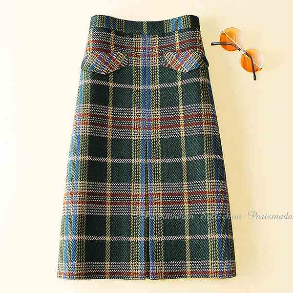 今すぐ欲しい！チェックボックススカート　タータンチェック　ひざ下丈　グリーン系　通勤　上質素材　通勤S～XＬ　上品　大人　女子会　ほっそり効果大 20代30代40代50代　ミセス