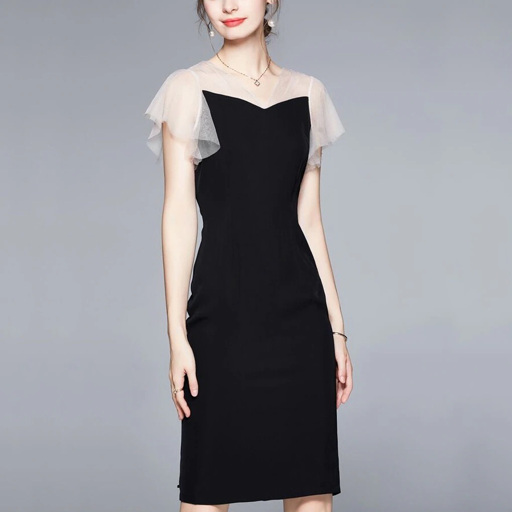 シースルー袖ワンピース ワンピース ワンピドレス 膝丈 ひざ丈 袖あり 半袖 Vネック スリム タイト 細身 Iライン レース チュール 透け感 シースルー ポリエステル かわいい 大人可愛い