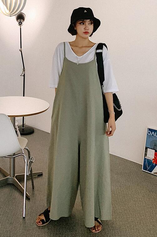 パンツ サロペット レディース ワイド オールインワン ゆったり グリーン 無地 リネン 薄手 ビッグ ポケット 大人可愛い お洒落 ロングシーズン 普段使い シンプル カジュアル 着回し マタニティ