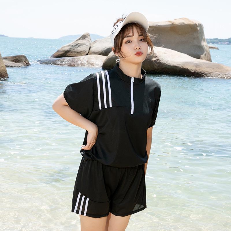 フィットネス水着 ぽっちゃり 学生 スポーツウェア風 水着セット シンプル 体型カバー ブラック プール 新作 フレッシュガール 海 黒 大きいサイズ