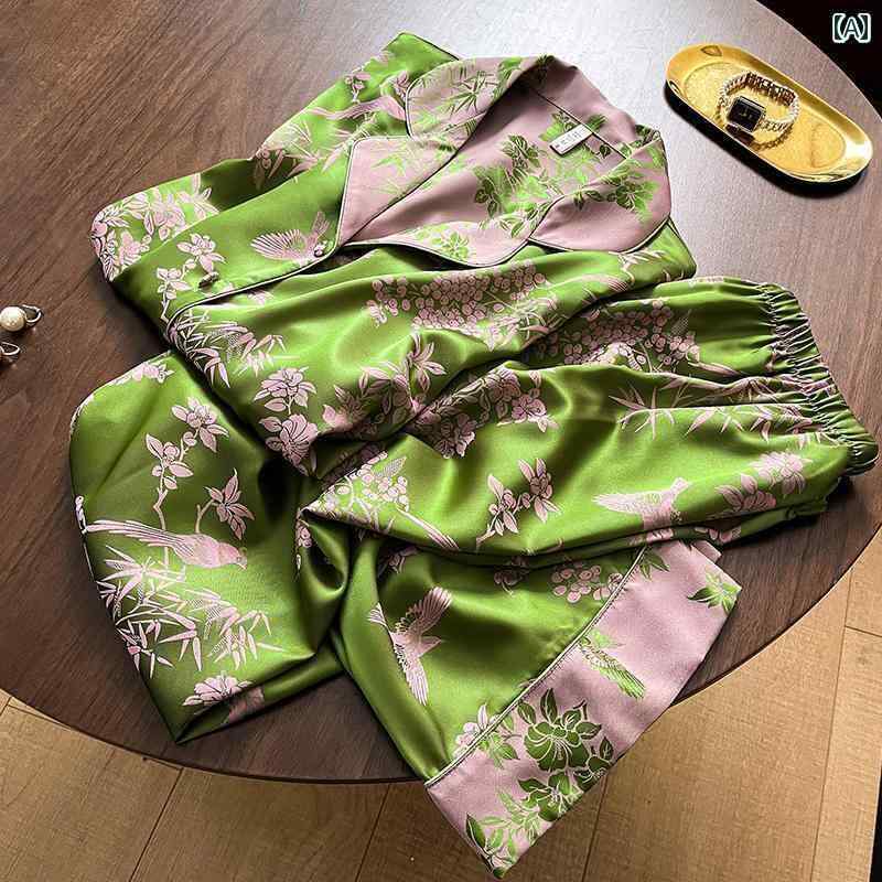 パジャマ　レディース　上下 中国 シルクパジャマ レディース 春夏 半袖 ズボン 100 桑の 絹の 高級 民族 風の 家庭 服の 薄手