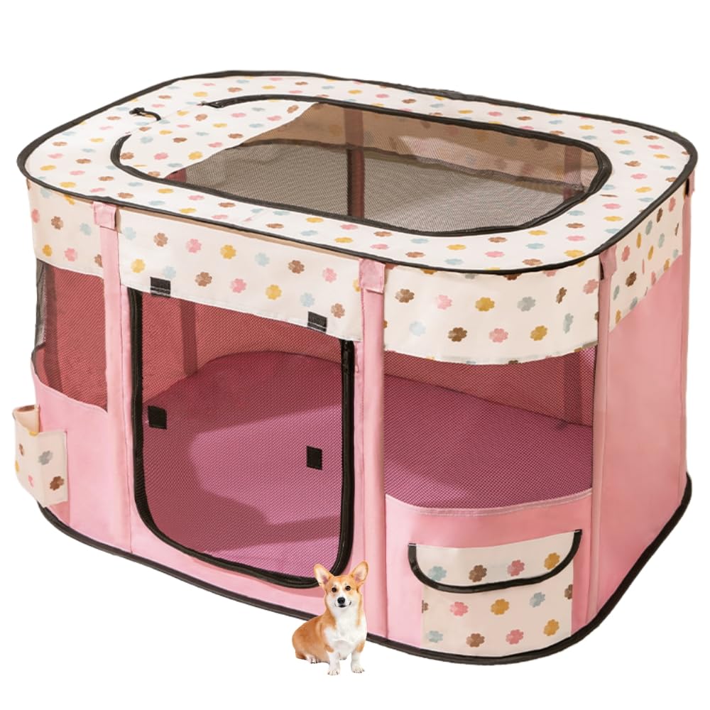 ペットサークル 長方形 折りたたみ式 猫 犬 ケージ キャリーバッグ付き 組立簡単 屋根付き 通気 軽量 防災ペットケージ インドア アウトドア コンパクト メッシュサークル(Ｌ(90*70*60cm