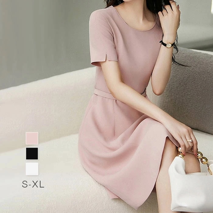 ワンピース 膝丈 レディース 無地 ロング ミディ丈 半袖 夏 きれいめ 半袖ワンピース フレアワンピース ナチュラル ロングワンピース aラインワンピース aライン フレア オフィス ビジネス ゆっ