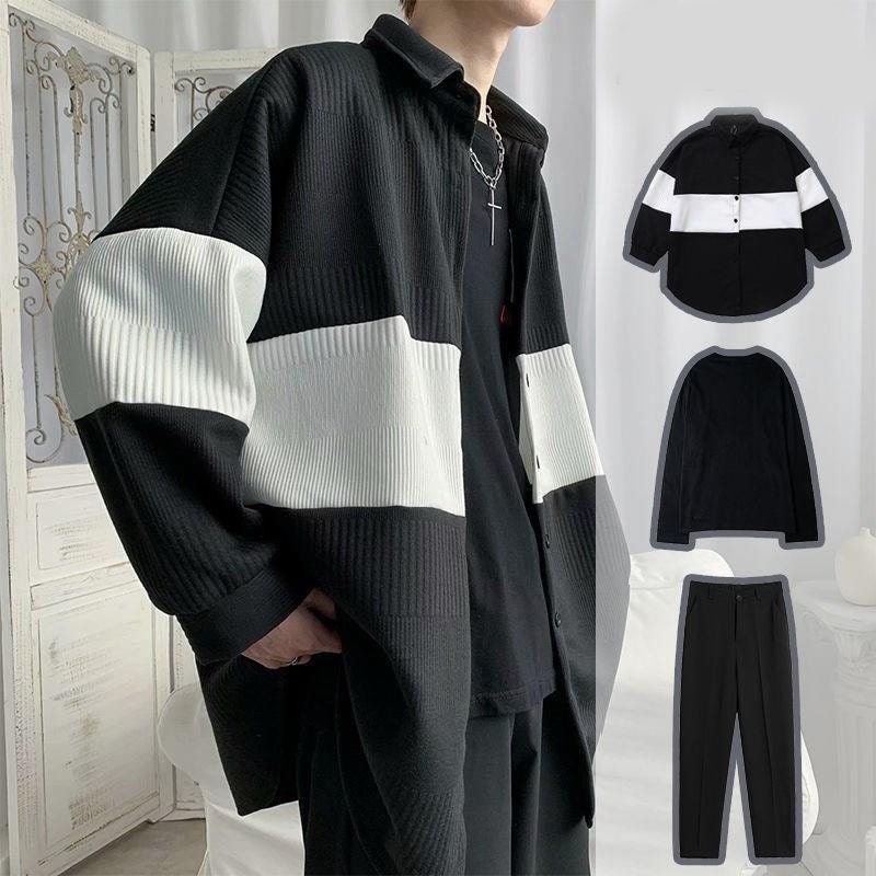 【3点セット】メンズウェア ニットカーディガン+インナーTシャツ+ズボン カジュアル ゆったり 秋服 セットアップ