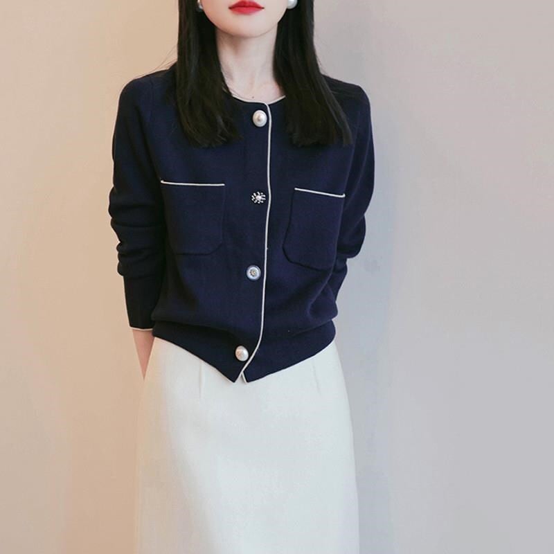 ショートカーディガン トップス ショート丈 袖あり 長袖 ラウンドネック ハイウエスト 前開き