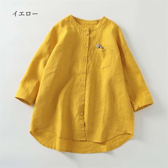 シャツ レディース シャツブラウス 春 夏 秋 リネン コットン 七分袖 無地シャツ トップス クルーネック 長袖トップス 綿 麻 カジュアル 無地 ナチュラル