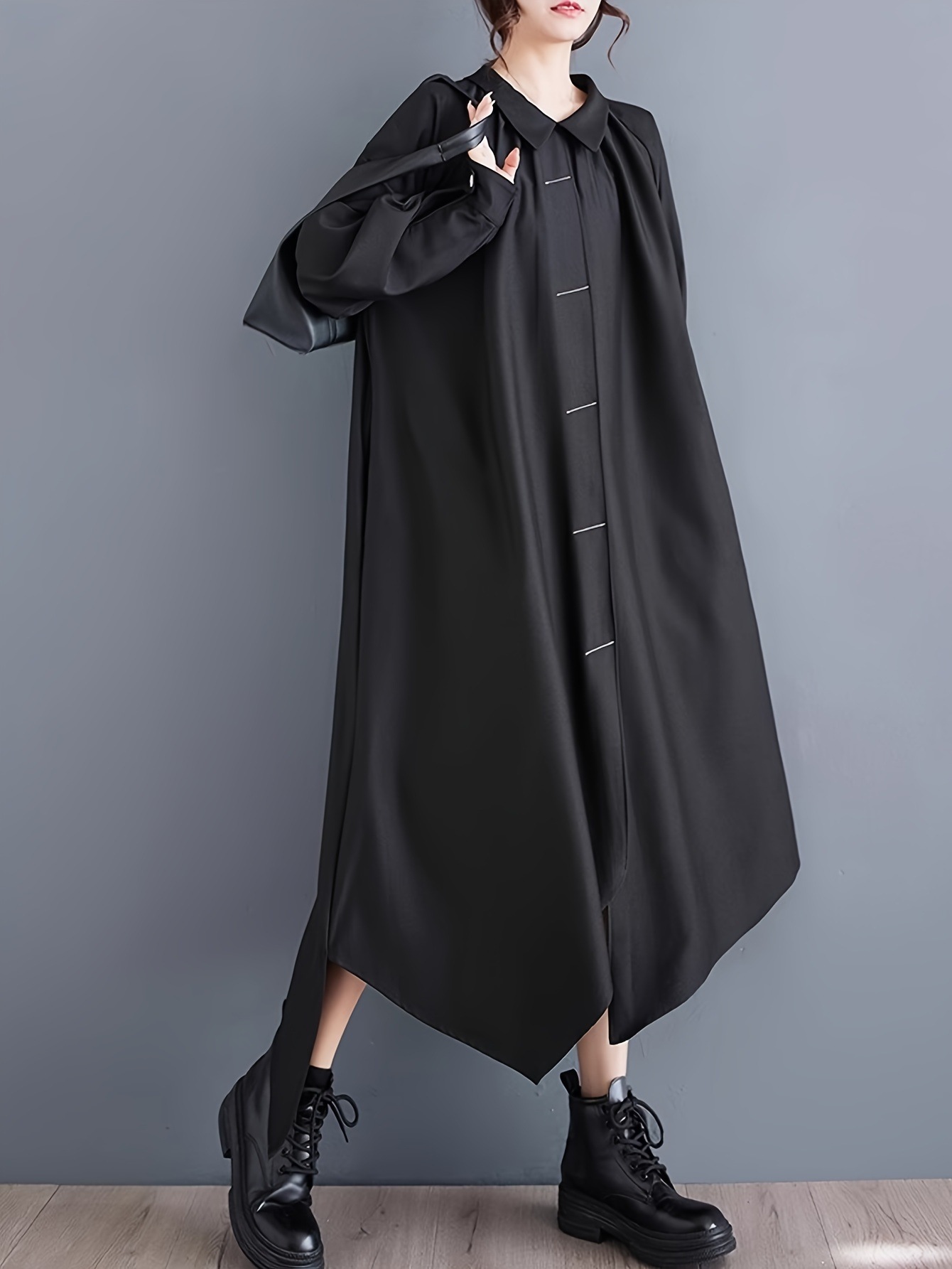 女性用スリミングブラックマキシドレスドールカラーとボタンディテール - 長袖非対称裾ポリエステルカジュアル秋/冬スタイル長袖ドレス