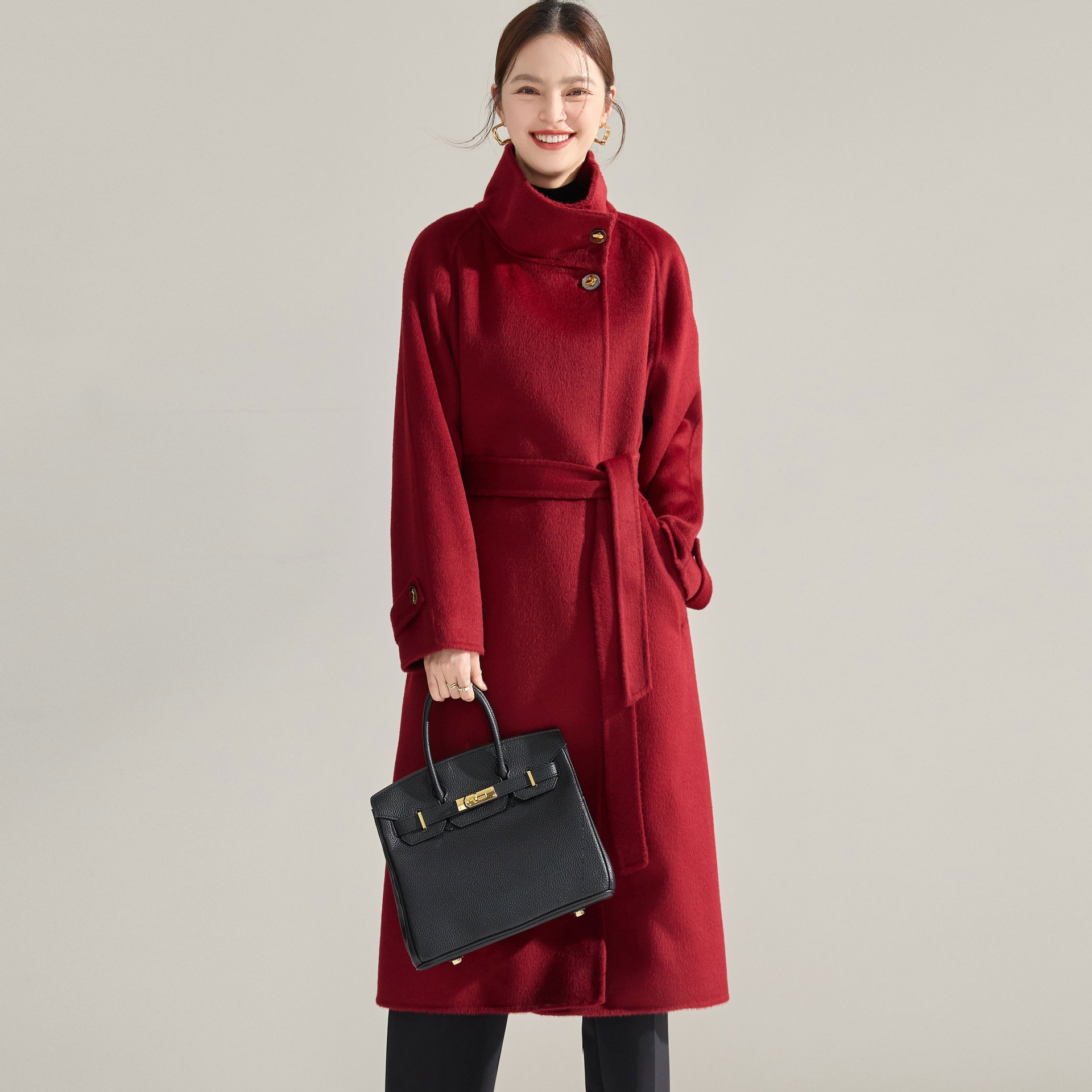 24冬新作韓国スタンドカラーリバーシブルウールコート女リボンミディアムウエストニーツイードコート15873チェスターコートチェスターコートトレンチコートセットアップスウェット セットアップ韓国 セット