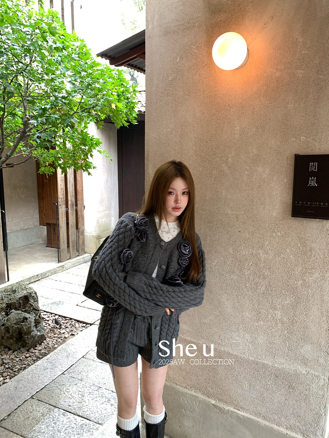 韓国ゆるかわ 立体フラワー ケーブルニットカーディガン