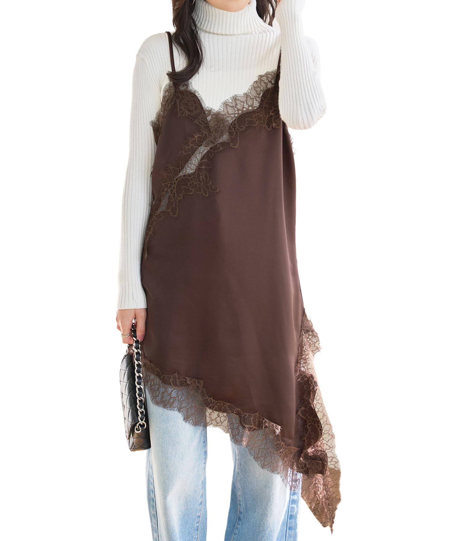 [神戸レタス] サテン レース アシメ ロングキャミソール キャミ キャミソール レースキャミ アシンメトリー レイヤード 重ね着 チュニック丈 体型カバー 丈長め トレンド 流行 カジュアル 大人