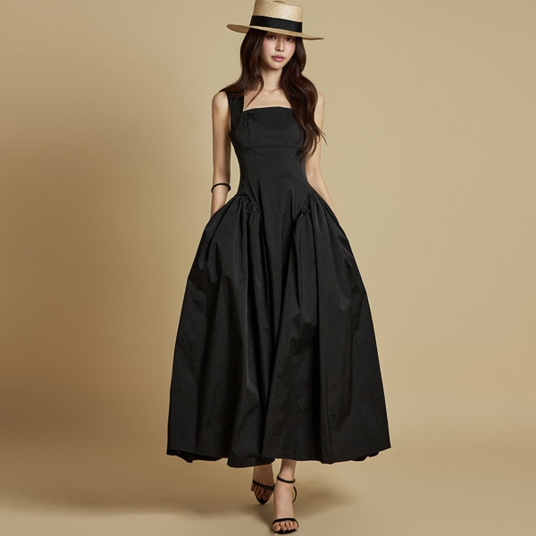 D9435 ギャザー シャーリング スリーブレス ロング ワンピース