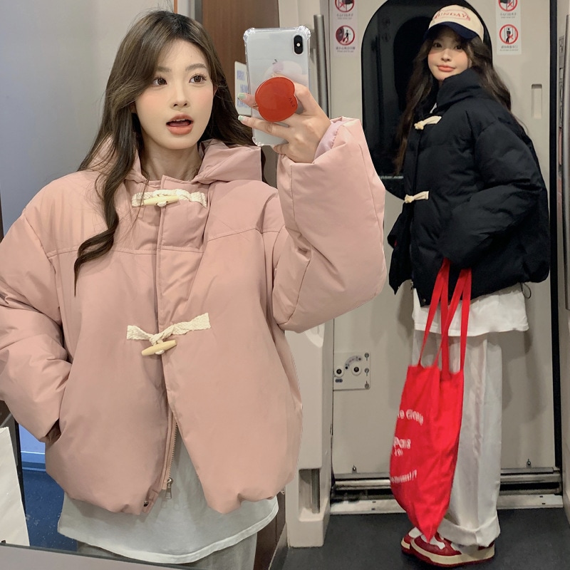 レトロフード付きルーズコットンコート女性のための 2024 冬の新コットンコートホーンボタンパンコートかわいいコットンジャケット