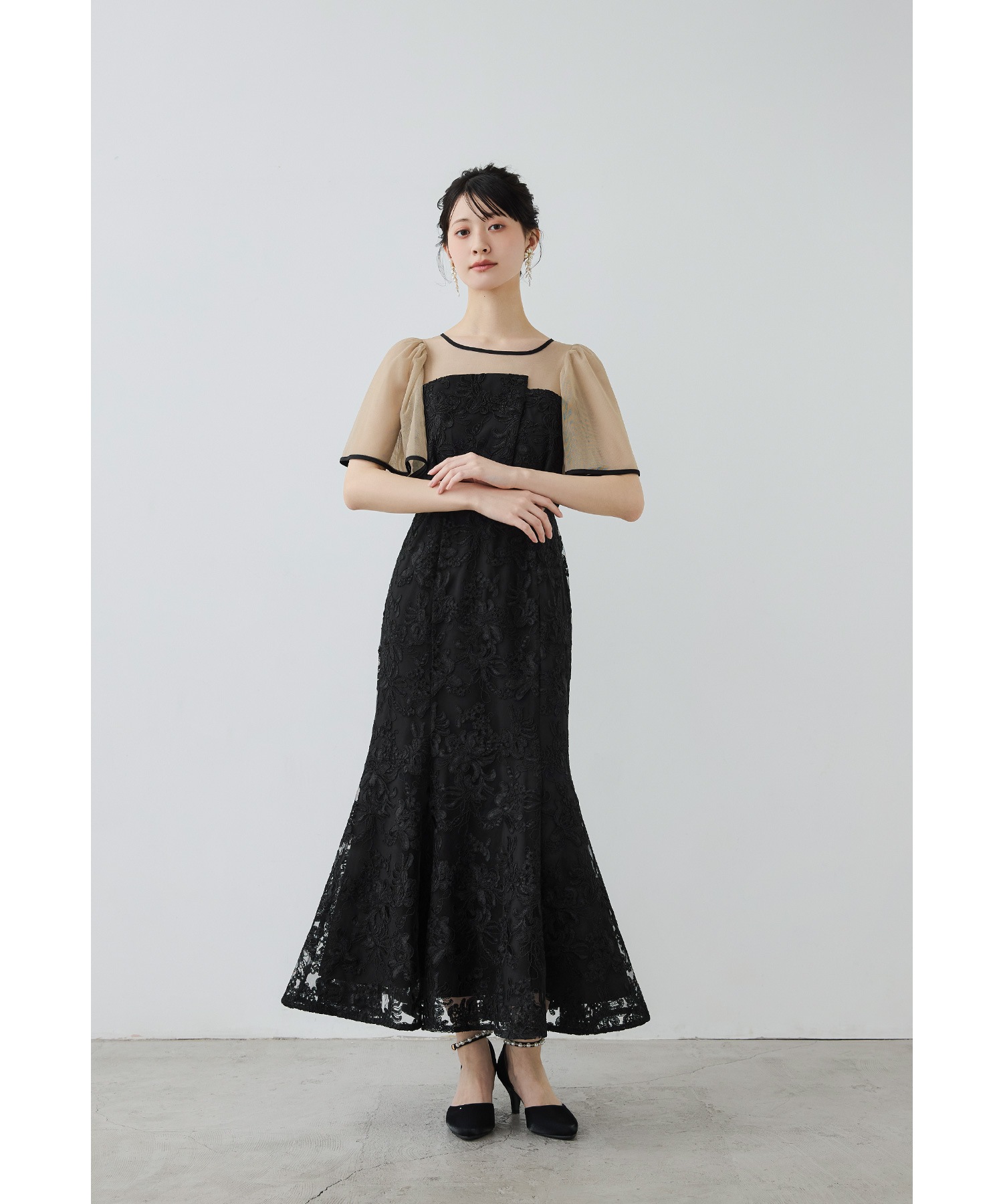 ヴィンテージレースドレス パーティードレス 結婚式 ワンピース 花柄 ケープ マーメイドスカート シアー ロング丈 袖あり 半袖 お呼ばれ パーティー 二次会 披露宴 謝恩会 成人式 同窓会 卒業式