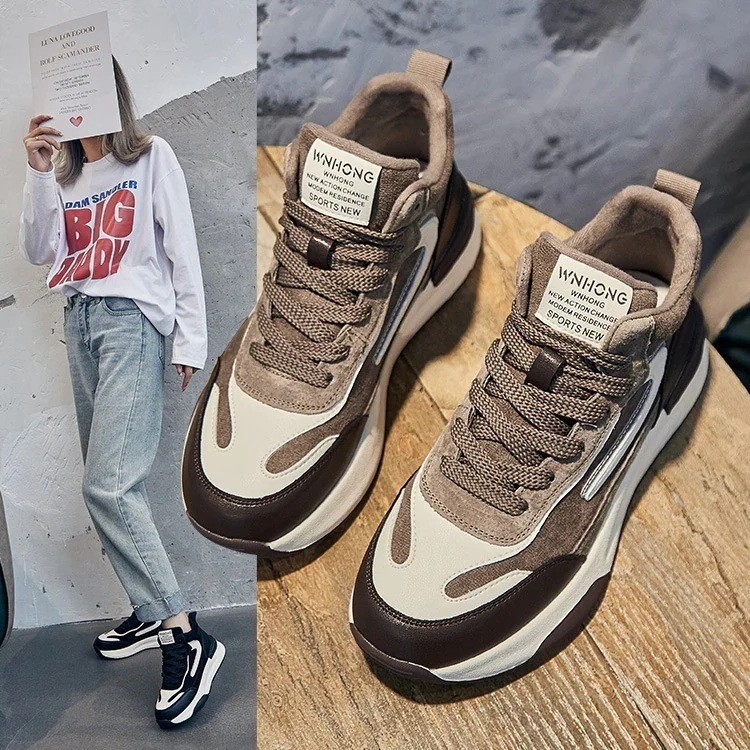 厚底スニーカー レディースファッション レザー配色プラスベルベット編み上げカジュアルスポーツシューズインファッション 厚底シューズ ハイトップダディシューズ