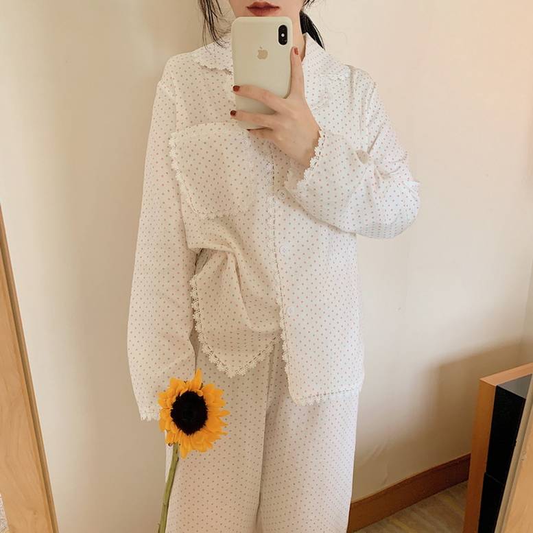 レディース レース使いパジャマ ドット柄 エレガント 大人 パンツ セットアップ ルームウェア 部屋
