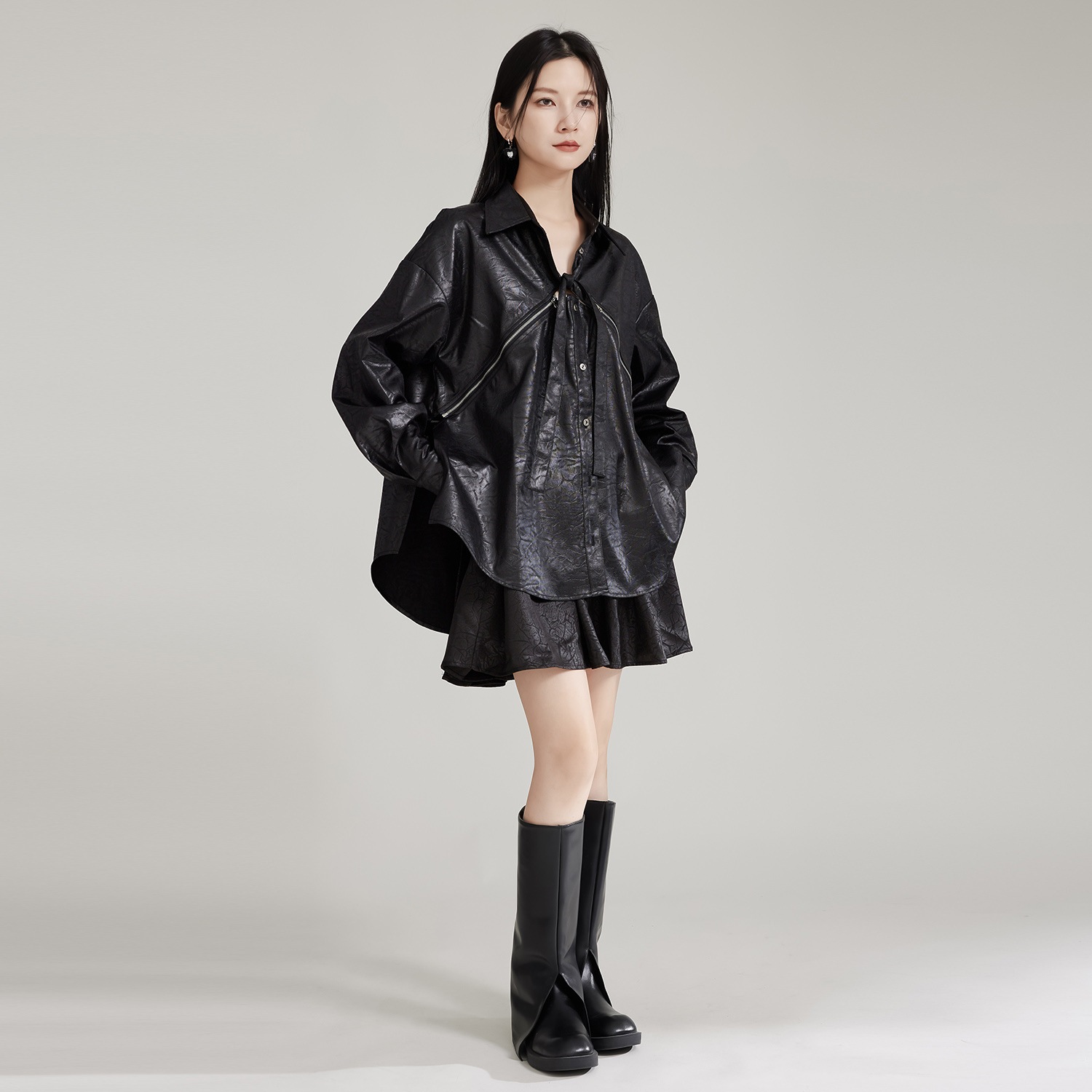 【J.Fashion】 欧美風 2WAY ジップ 外す可能 ロングブラウス 小柄 チュニック 個性的なデザイン 関連商品は店で購入可能 メガ割