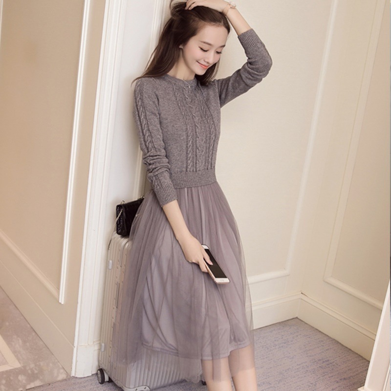 1689.ニットチュールワンピース（グレー）2019 春夏 sale 春夏 sale 通学 デート 結婚式 二次会 お出かけ