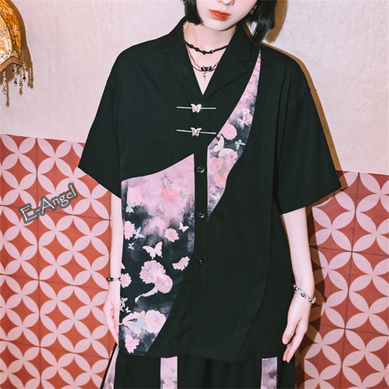 チャイナ風シャツ ブラウス 半袖 黒ピンク アシンメトリー チャイナ風 トップス レディース 切り替え 水墨蝶プリント 金属ボタン