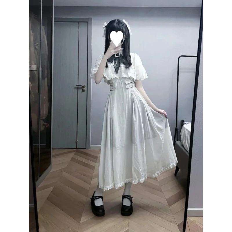 【急速発送】量産型マントベール半袖リボンレースワンピースレーヨン制服秋の万能アイテム