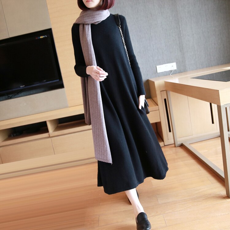 4色 ワンピース 長袖 秋冬 きれいめ aライン フレア ニット ワンピ ロング ロング丈 ハイネック 襟なし フレア スリム 裾ワイド リブ リブニット 黒 ブラック 茶色 ブラウン 灰色 グレー