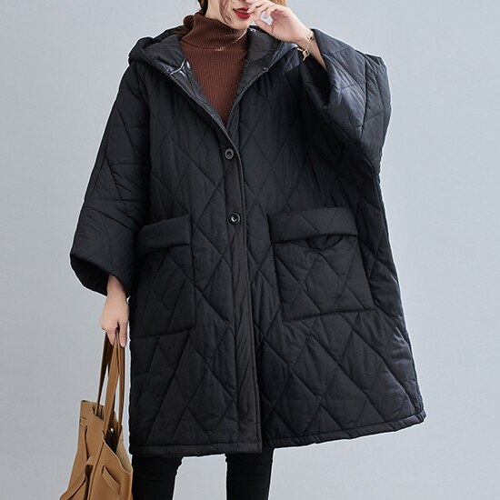 アウター ジャケット レディース 秋冬 個性的 暖かい ひざ丈 膝上 膝下 長袖 ボリューム袖 フード BIGシルエット ワイド Iライン フード付き ポケット 前開き 色展開 黒 ブラック サイズ