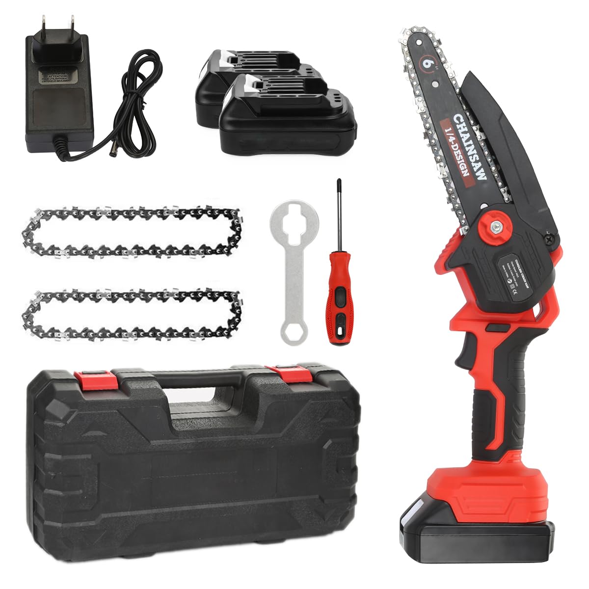 Ehomtikk チェーンソー 充電式 ポータブル 6インチ 電動チェーンソー ミニ 電動のこぎり 小型 軽量チェーンソー 木工切断薪作り園芸設備枝切り庭木の剪定竹の伐採等 日本語取扱説明書付き