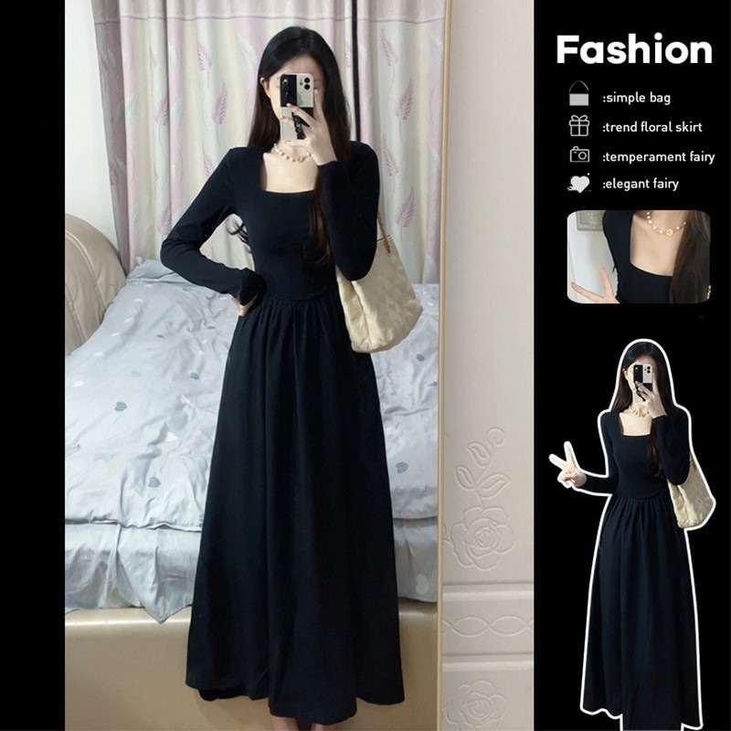 女性用黒スクエアネック長袖ワンピース2025年秋新作フレンチヘボン風ロングスカート初秋着
