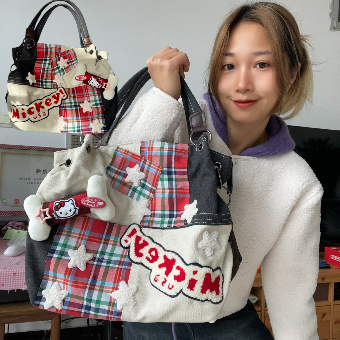 ブラック サクラソースショップ レトロ レッド チェック柄 キャットボーン スター キャンバス ミレニアム Y2k 大容量 ショルダー メッセンジャーバッグ