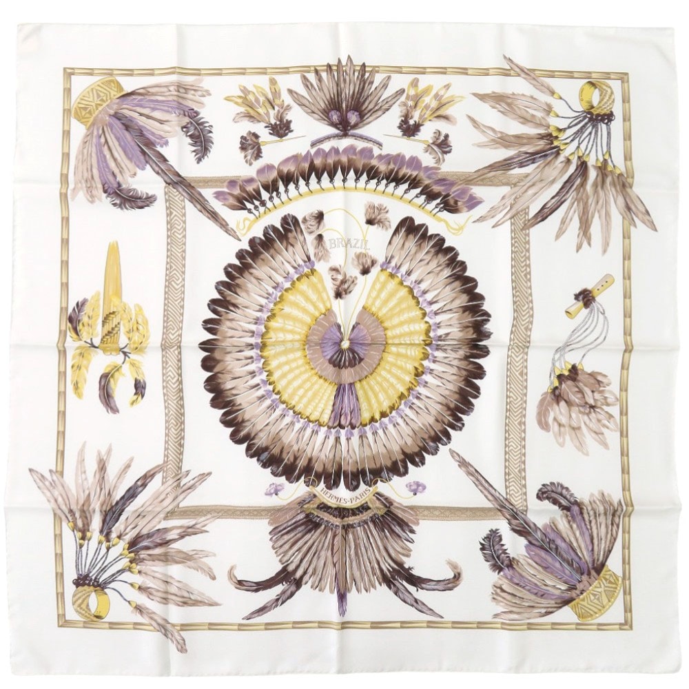 未使用品 カレ90 BRAZIL ブラジル スカーフ シルク ホワイト 0643【中古】 レディース