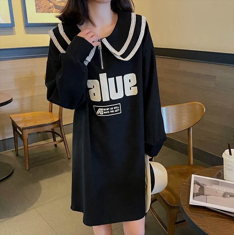 ひざ丈 ワンピース レディース 黒 ビッグカラー おしゃれ 大人可愛い 英文字 ロゴ 個性的 ワンピ ドレス 膝 ミドル丈 長袖 ルーズ ダブルカラー 襟 かわいい シンプル カジュアル こなれ感 主