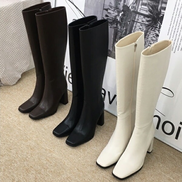 ロングブーツ スクエアトゥ サイドジップ レディース 黒 茶色 ブラック ブラウン アイボリー