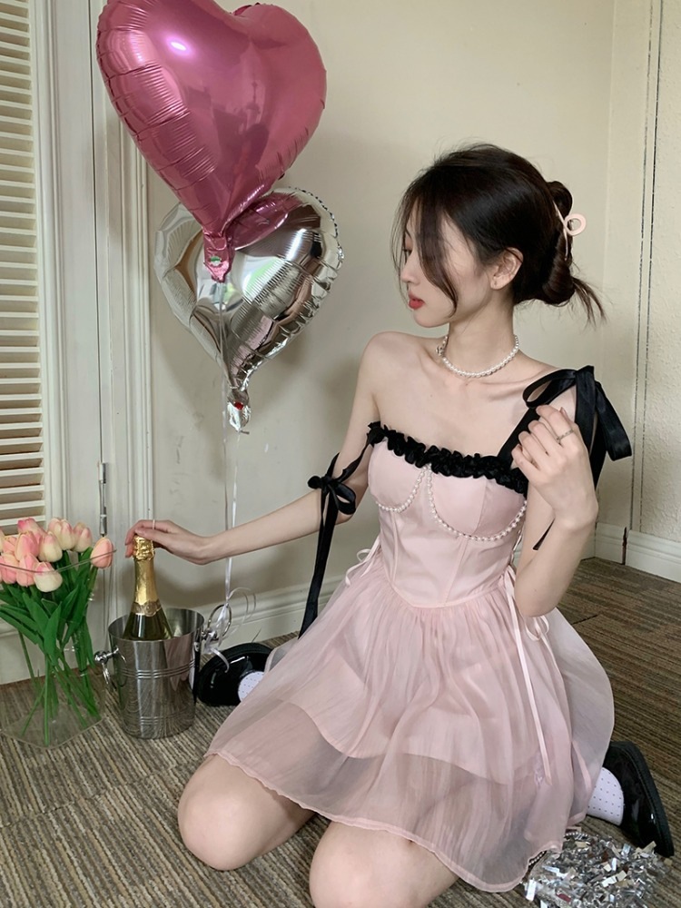 甘辛ピンクサスペンダードレスレディース春秋誕生日ドレスプリンセスドレス