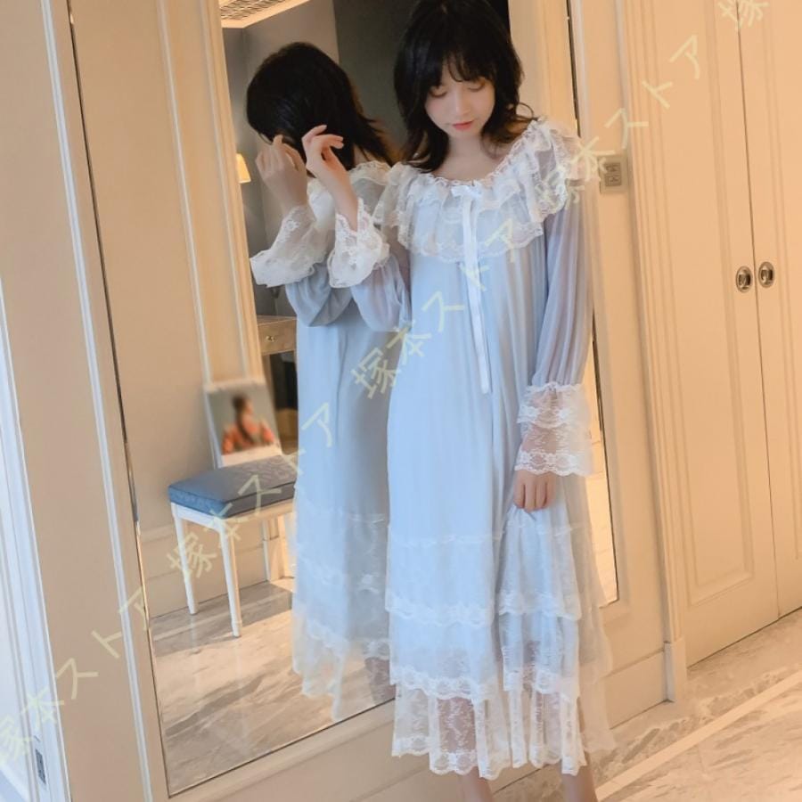 【値下げ！】今日限りで レディース 姫系 レース ネグリジェ 長袖 寝巻き マキシ丈 ロマンティック ルームワンピース パジャマ ガウン 部屋着 ナイトウェア レディースネグリジェ 3日以内に出荷