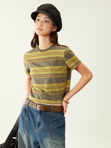 レトロストライプ右肩半袖Tシャツ