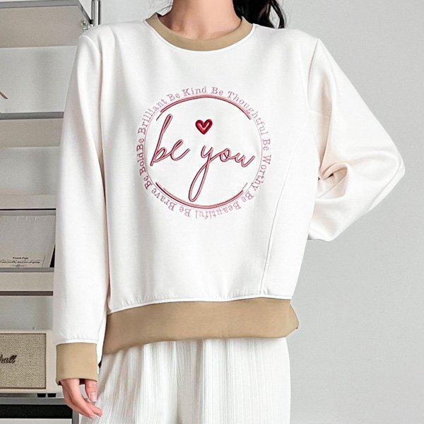 Hスタイル(T)ニューハート刺繍Tシャツ 春 レディース Tシャツ 長袖 季節の変わり目 スウェットシャツ ロングT ゆったり オーバーフィット デイリー