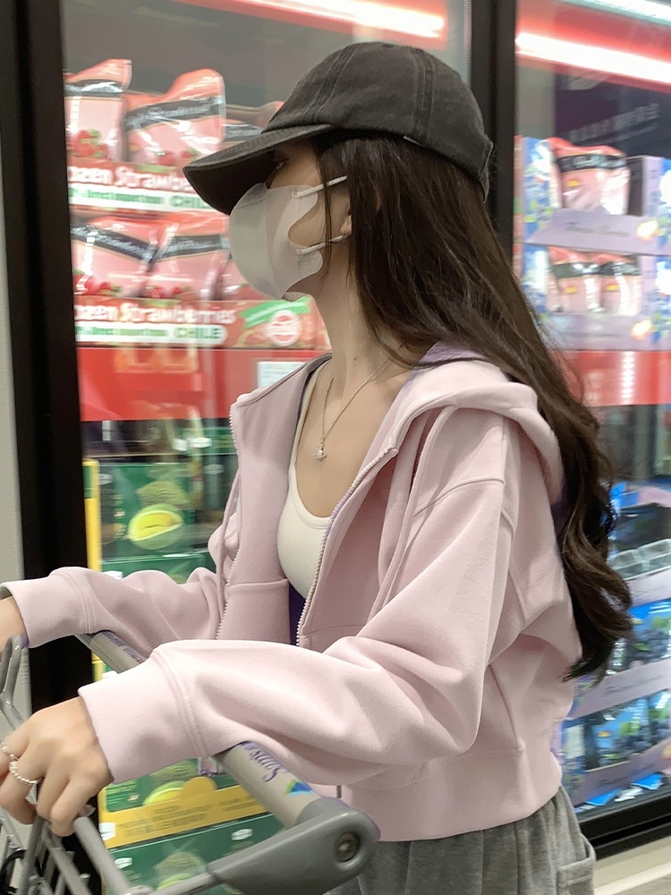 レディース 2025年初秋新作 ピンクカーディガン フード付きスウェットシャツ ショートスタイル 春秋に活躍する万能アウター