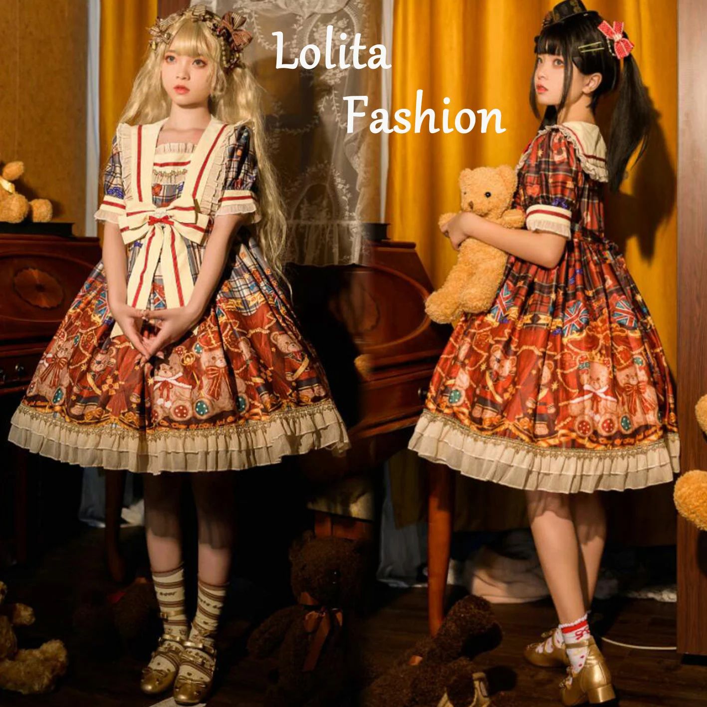 高品質保証半袖ワンピース ロリータワンピース セーラーカラー 甘ロリータ 甘ロリ ロリータ風ワンピ チェック柄 プリント柄 クマ柄 くまちゃん 個性的 Lolita ロリータ服 大人コスチューム ゴス