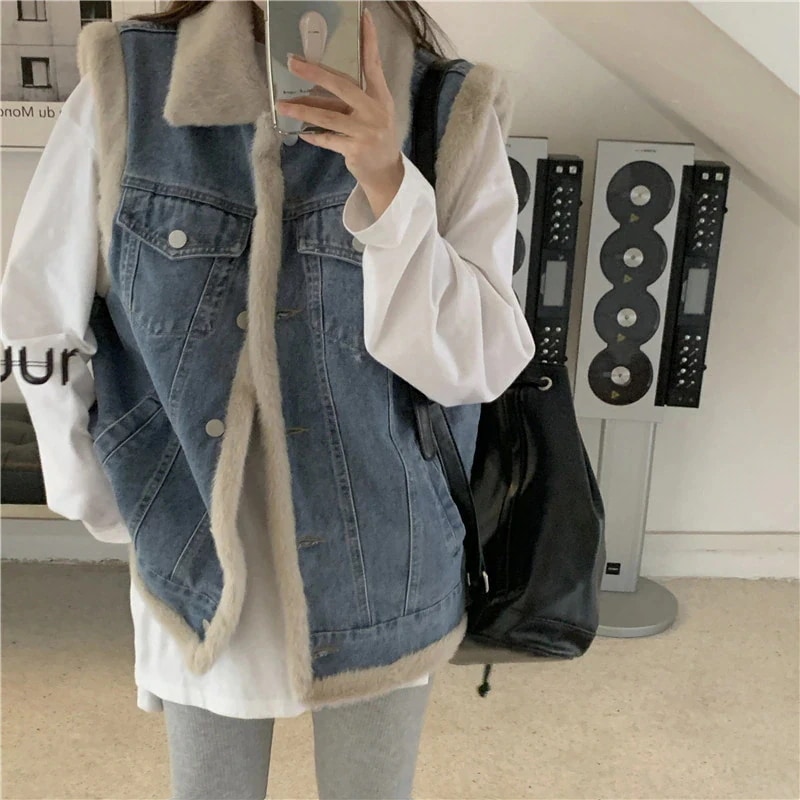 【急速出荷!】冬アウター秋 冬 厚手 ウォーム ゆったり ラムズウール デニム ベスト ノースリーブ トップスライダース 裏起毛ファッション2025はボアで決まりフリースで決まり！