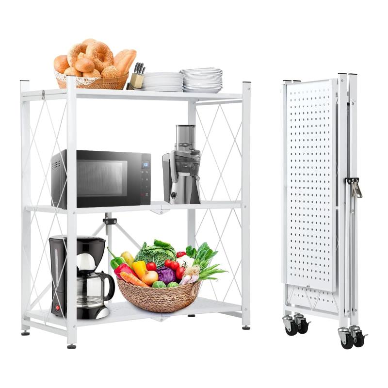 QIUYMI 折り畳みラック 棚ラック 3段 幅71×奥行34×高さ87cm 折りたたみ スチールラック メタルラック 収納ラック オープンラック 折りたたみ式 360キャスター付き 防サビ 高耐久