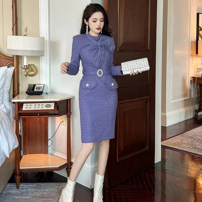 【JY.上品】 秋冬 蝶結び飾り ラシャー ショートワンピース 通勤 パーティードレス キャバ 着痩せ 大人 同窓会 披露宴 卒業式 結婚式 演奏会 ウェディング 二次会 発表会30%までに制限