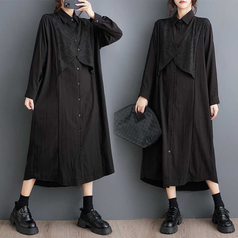 「ファットガール」 2024秋新品 ロングワンピース 大きいサイズ 体型カバー レディース ドッキング シャツワンピース メガ割