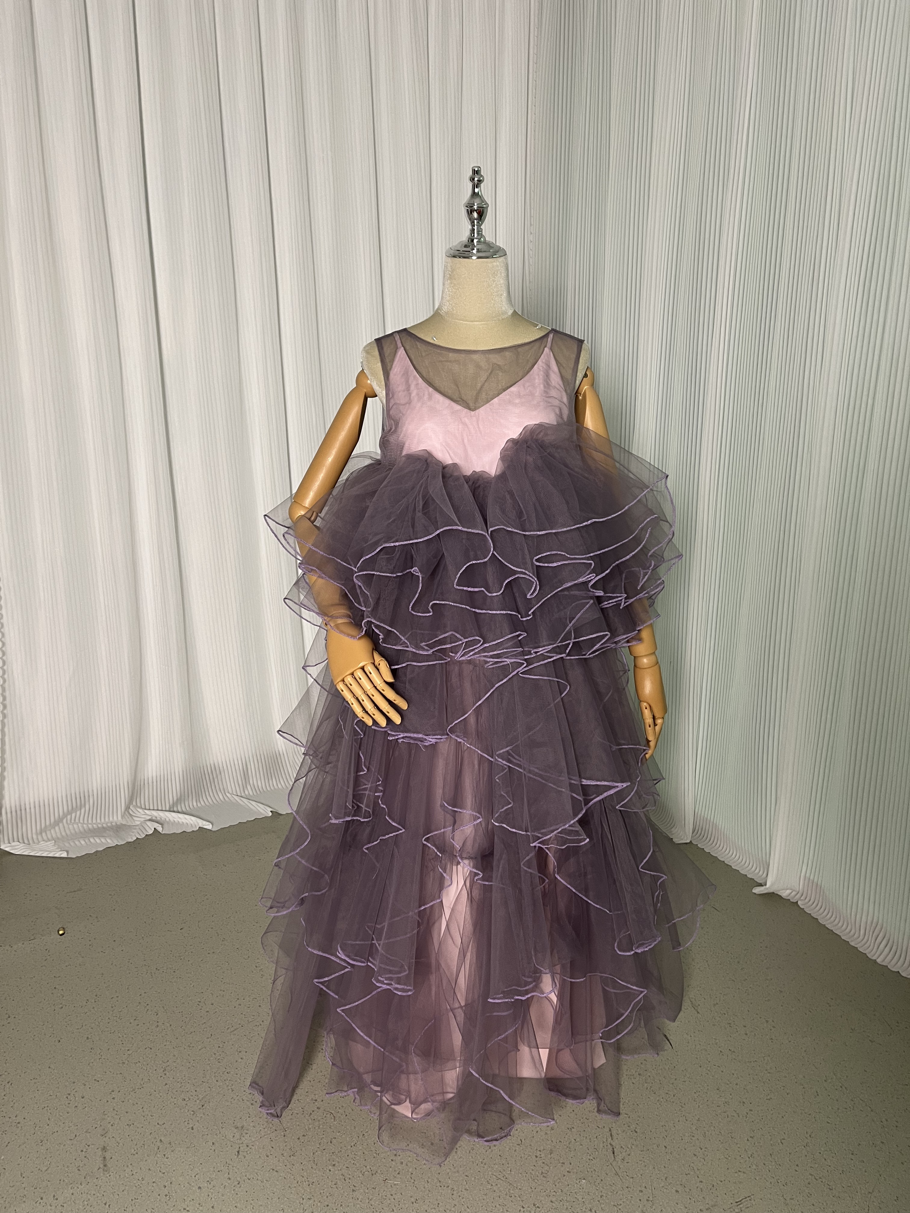 カラードレス ピンク紫 花嫁 ピアノ演奏会/音楽会 ラウンドネック ラウンドネック レイヤードドレス ラッフルフリル