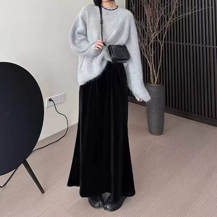 マーメードスカート レディース Aラインスカート ボトムス 裏起毛 無地 ロング丈 マキシ丈 ベロア 体型カバー マーメイド フレアスカート ゆったり 暖かい ウエストゴム 楽ちん シンプル