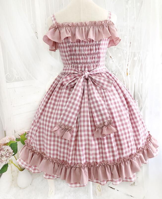 レディースロリータドレス JSKドレス　可愛いワンピース レース リボン チェック柄 lolita 洋服 コスプレ衣装 コスムワンピース 文化祭 学園際 キャミソールドレス ピンク S M L