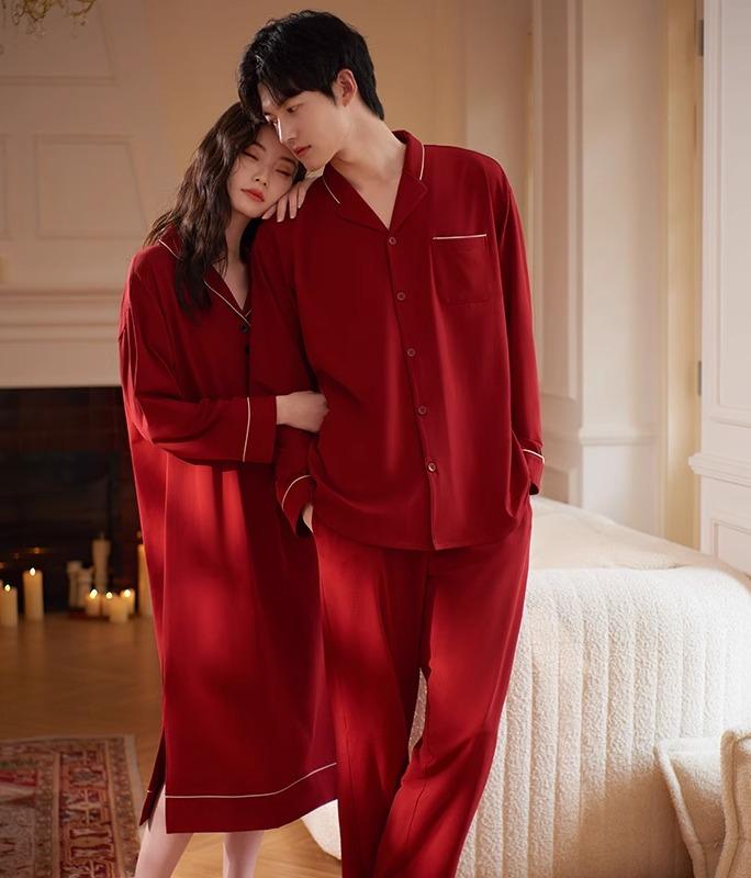 パジャマ レディース メンズ 春秋 ワンピース トップス ボトムス ミモレ丈 カップル 夫婦 薄手 ウエストゴム 綿 通気性 毛玉になりにくい 前ボタン 長袖 おしゃれ ルームウェア 部屋着 プレゼン