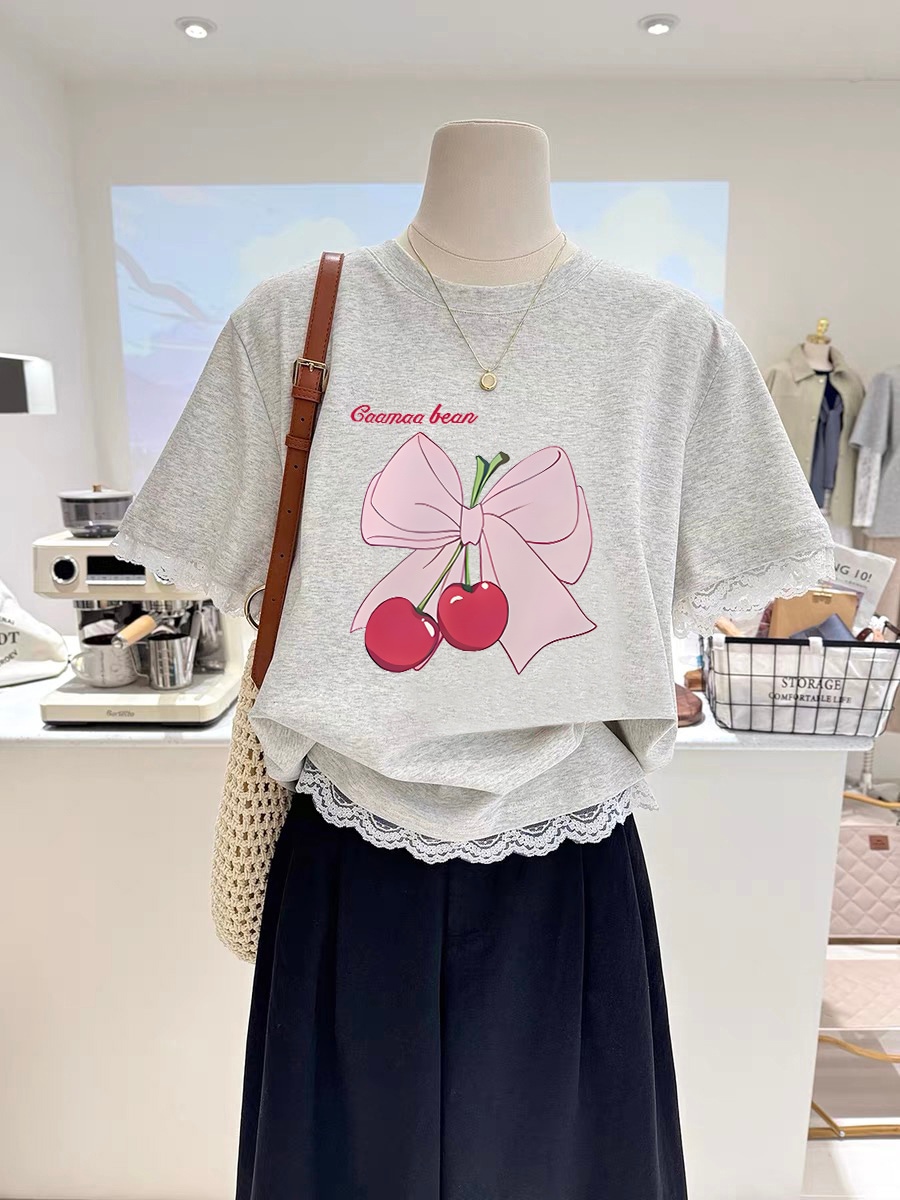 【1点ご購入 で10点プレゼントいたします】甘め風減齢小柄リボンプリント半袖体TシャツクルーネックインナーボトムTシャツトップス女